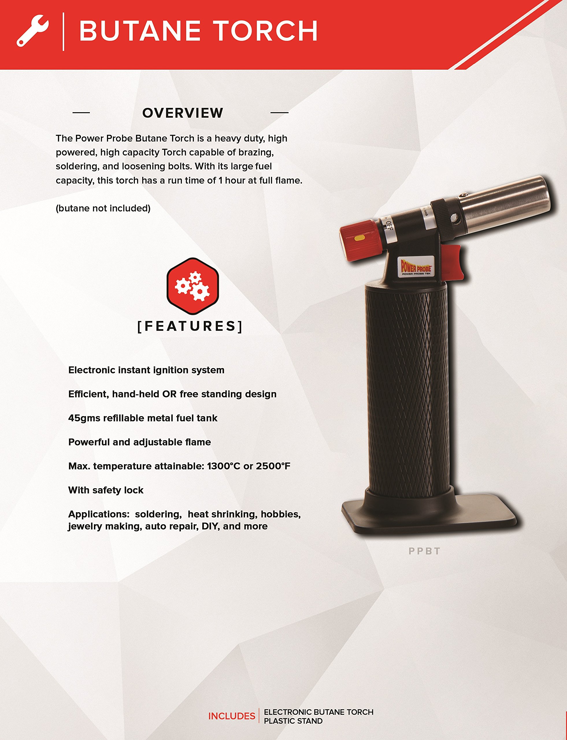 Power Probe Black Butane Torch (PPBT) [Car Test Tool, Electronic Ignition, Large Fuel Capacity, Adjustable Flame, for Soldering, Heat Shrinking] - Image 3